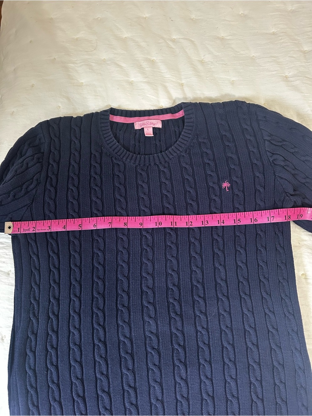 Lilly Pulitzer Navy Cable-Knit Crewneck Sweater with Pink Trim - Picture 2 of 6